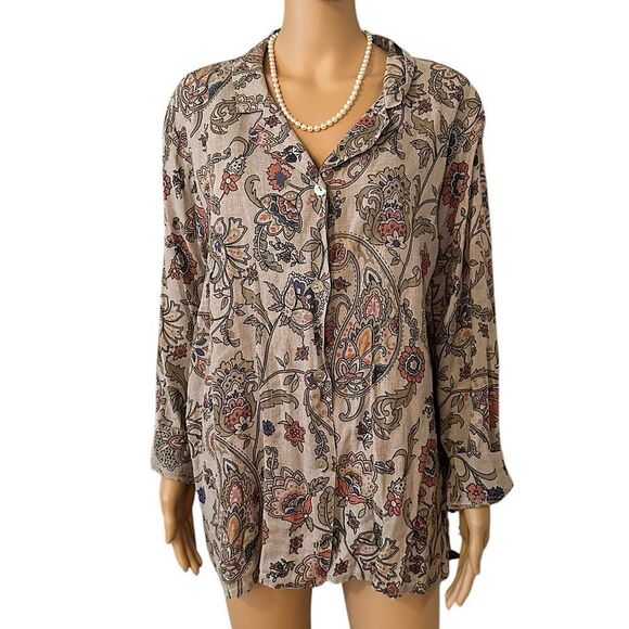 Flax Women’s Size Medium 100% Linen Floral and Paisley Print Button up Top - Picture 1 of 10